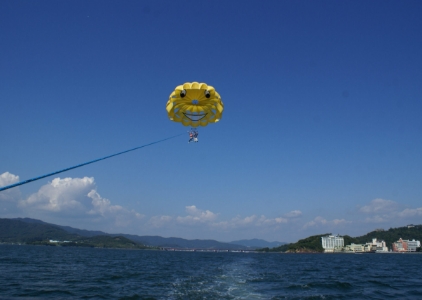 浜名湖でパラセーリングをしている様子