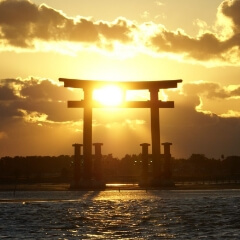 弁手島鳥居夕景の様子